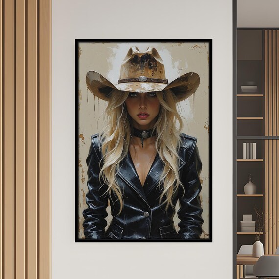 Western Cowgirl Portrait Weathered Cowboy Hat Leather Jacket Wall Art