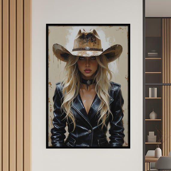 Western Cowgirl Wall Art Ready To Hang Canvas Print Blonde Woman In Cowboy Hat Black Leather Rustic Glam Home Decor Country Style