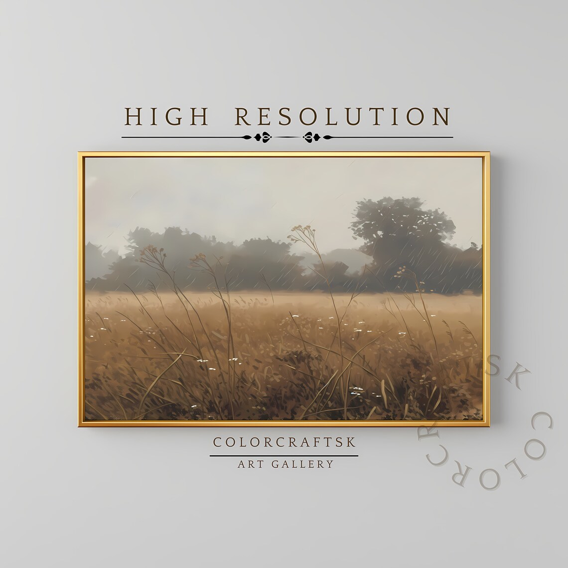 Rainy Countryside Meadow Wildflower Field Vintage Landscape Art Print