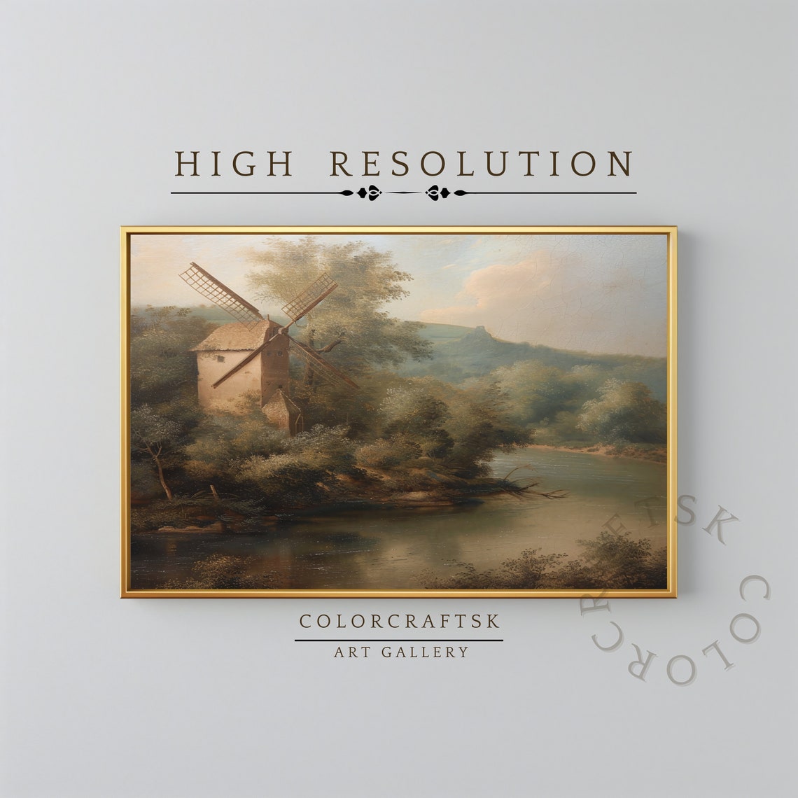 Vintage Painting Of Windmill Riverside Windmill Print Landscape Farmhouse Decor Rustic Wall Art Instant