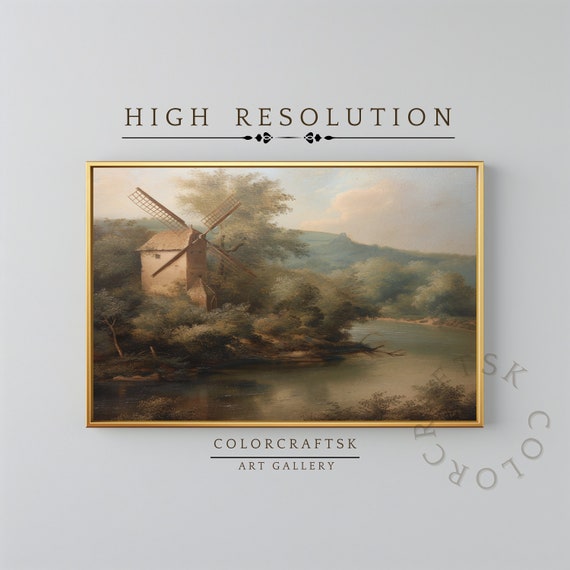 Vintage Painting Of Windmill Riverside Windmill Print Landscape Farmhouse Decor Rustic Wall Art Instant