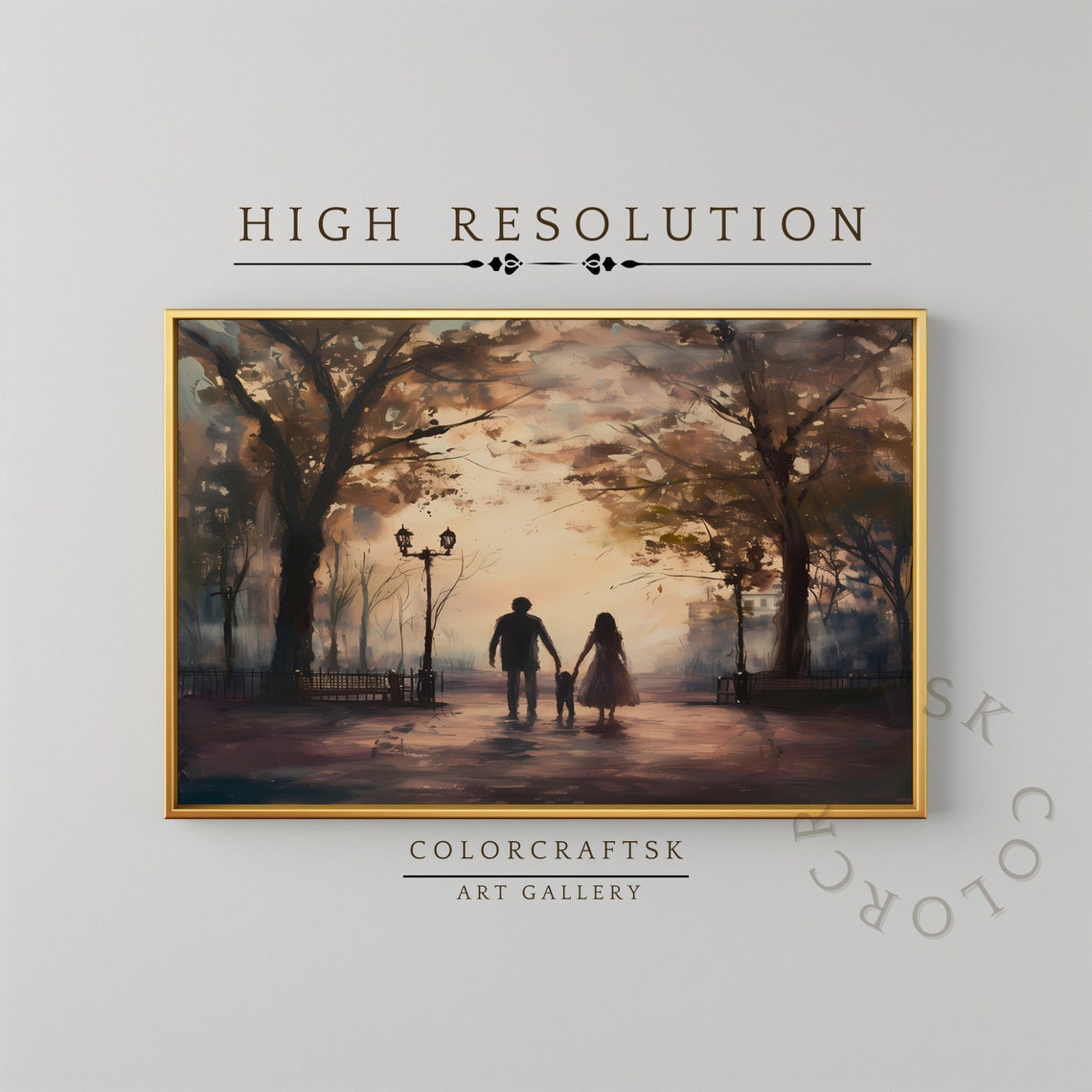 Family Silhouette Sunset Park Vintage Romantic Painting Wall Poster