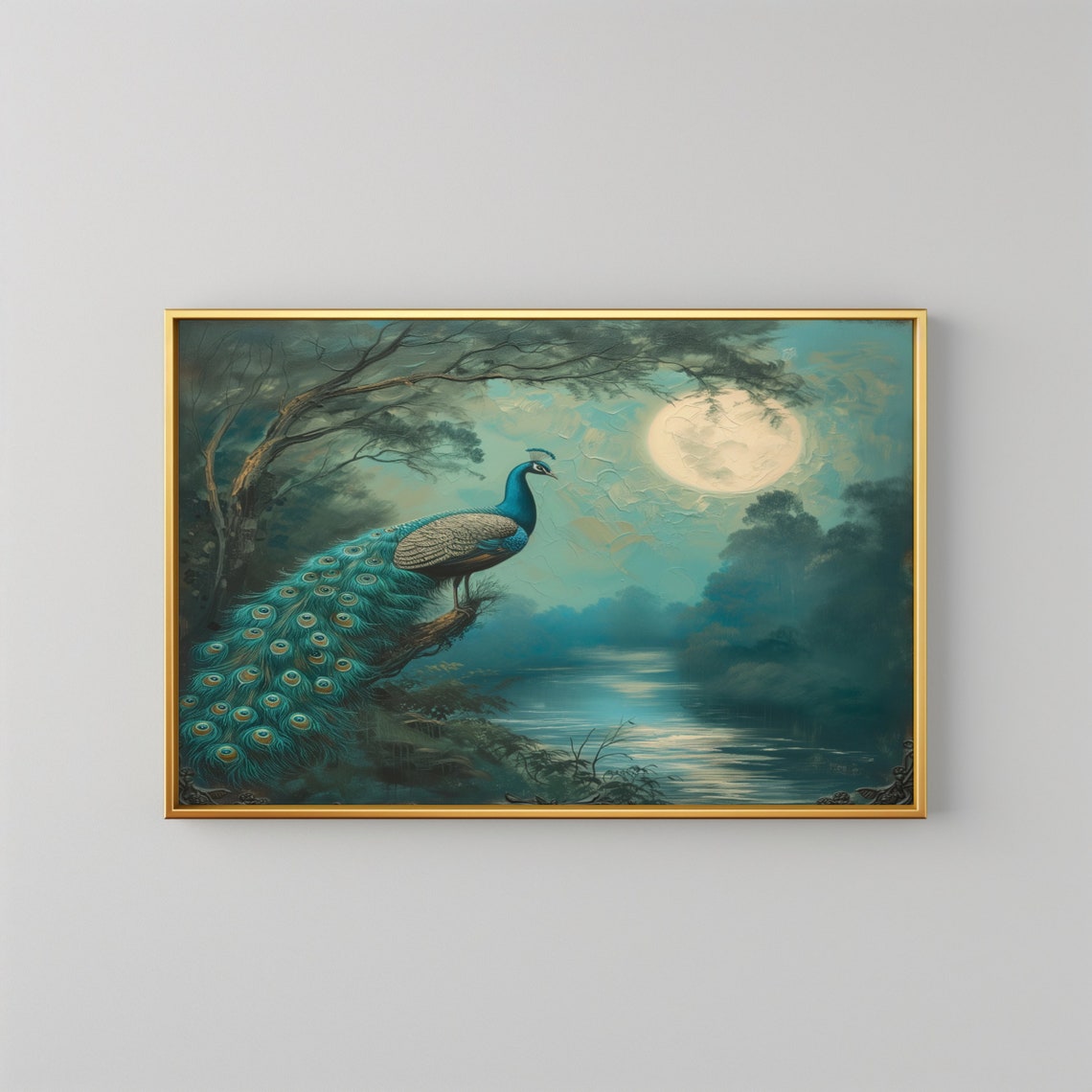 Peacock Moonlit River Vintage Night Painting Elegant Bird Wall Poster - Image 2