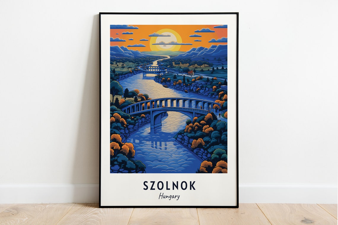 Szolnok Hungary River Bridges Sunset Illustrated Travel Poster