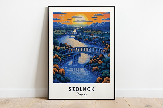 Szolnok Hungary River Bridges Sunset Illustrated Travel Poster