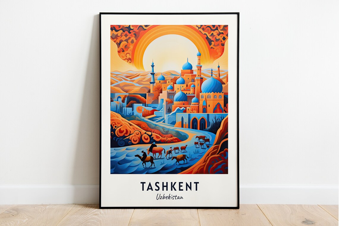 Tashkent Uzbekistan Blue Domes Islamic City And Desert Sunset Poster