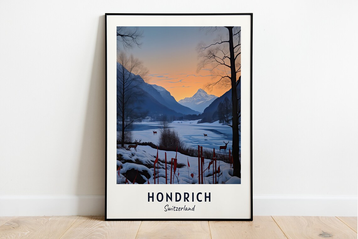 Hondrich Switzerland Winter Lake Sunset Deer Alpine Travel Poster