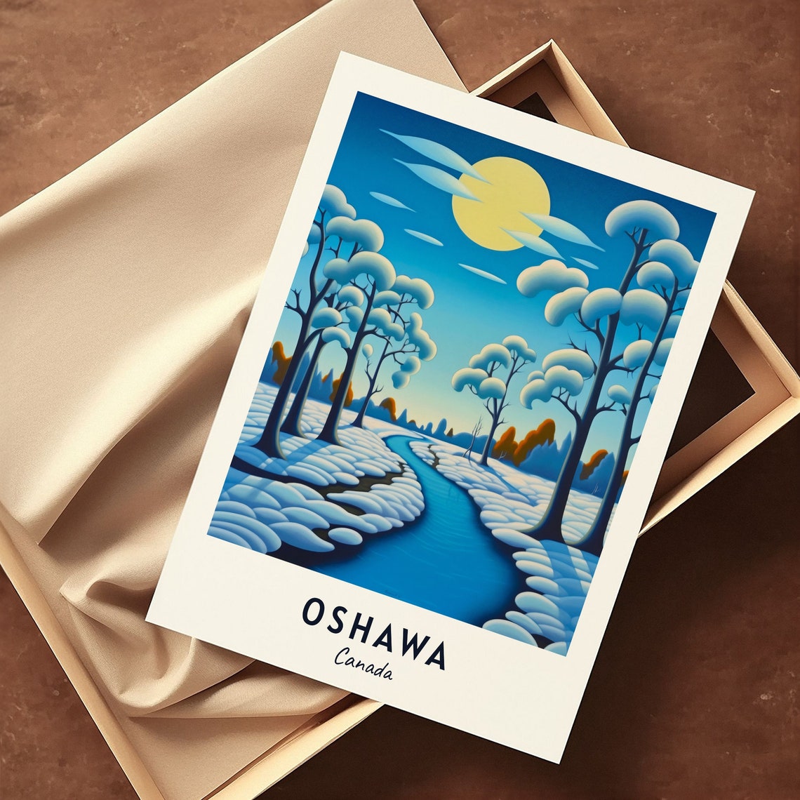 Oshawa Canada Moonlit Snowy Forest Stream Winter Art Travel Poster - Image 3