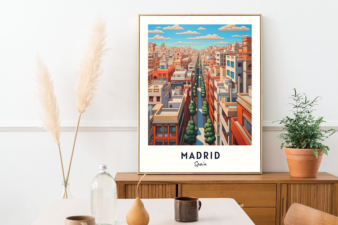 Madrid Spain Tree Lined City Avenue Aerial View Travel Poster - Image 2