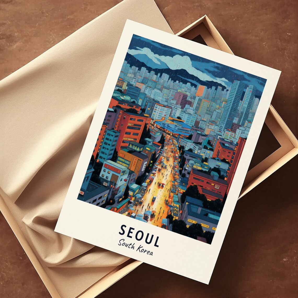 Seoul Night City Canyon Glowing Street Mountains Travel Poster - Image 3