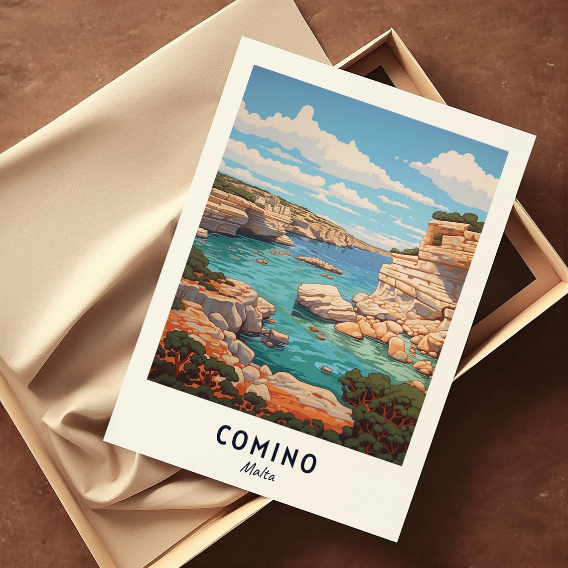 Comino Malta Turquoise Lagoon Rocky Cliffs Coastal Travel Poster - Image 3