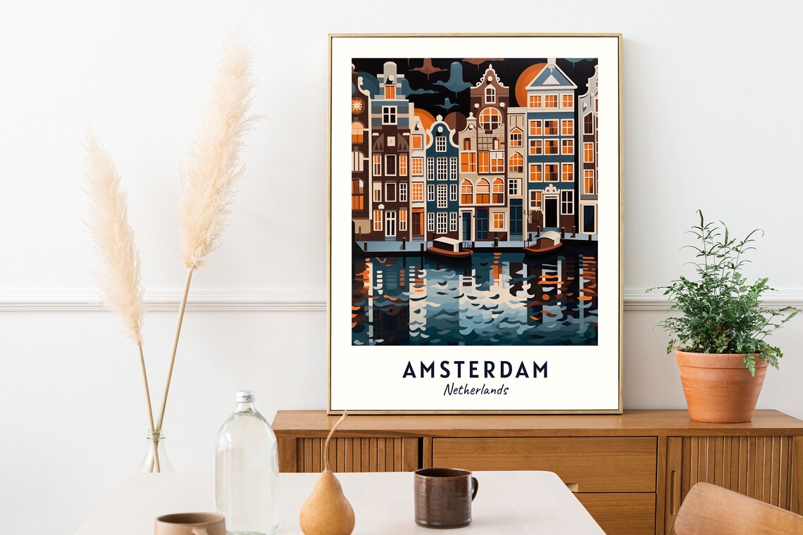 Amsterdam Canal Houses Night Water Reflection Boats Travel Poster - Image 2