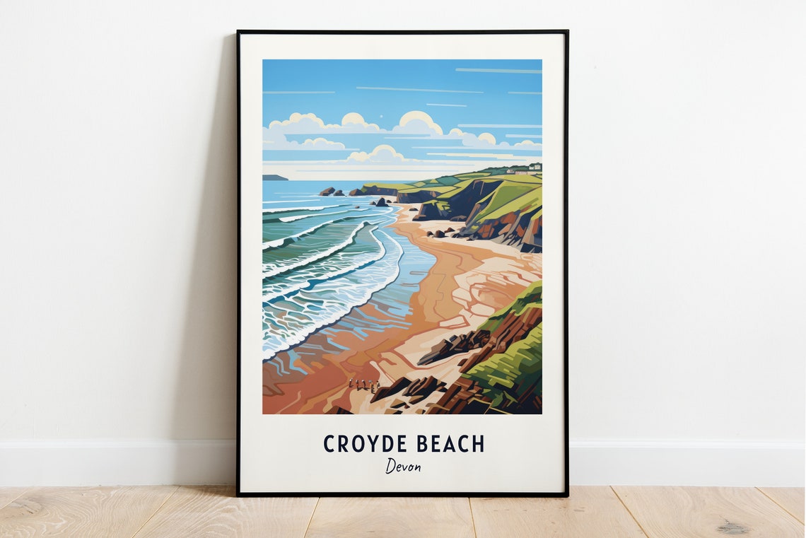 Croyde Beach Devon Surf Waves And Green Cliffs Travel Poster