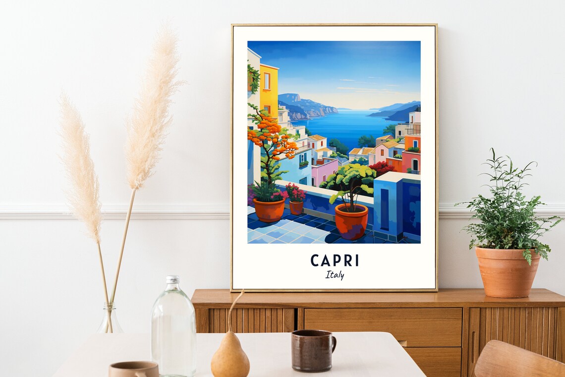 Capri Balcony Terrace Bay View Potted Orange Italy Travel Poster - Image 2