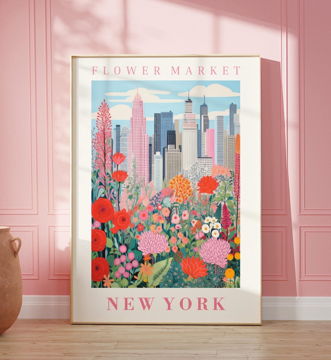 New York Flower Market Travel Poster, Floral Illustration