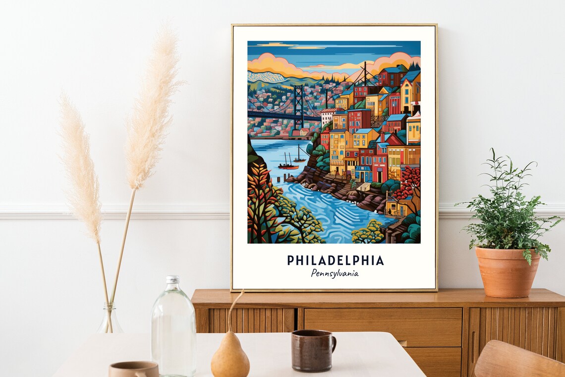 Philadelphia Pennsylvania Colorful Hillside Houses River Bridge Poster - Image 2