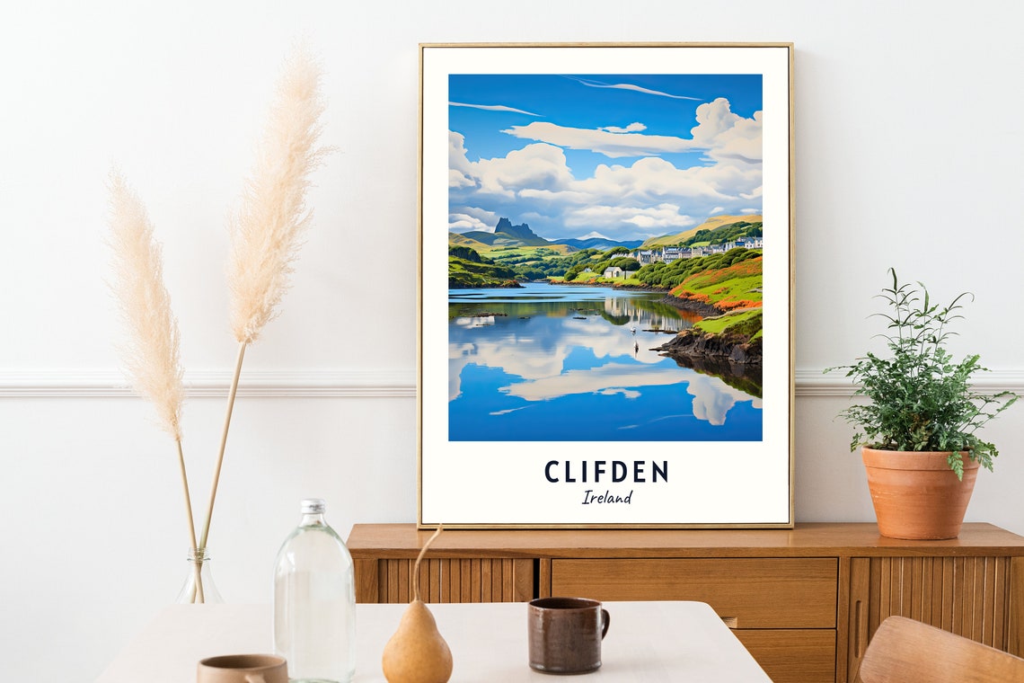 Clifden Ireland Lake Reflection Green Hills Connemara Travel Poster - Image 2