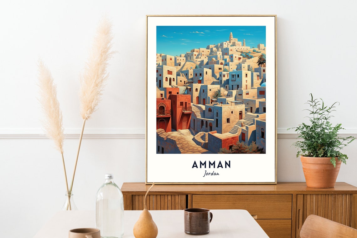 Amman Jordan Ancient Hillside City Whitewashed Houses Travel Poster - Image 2