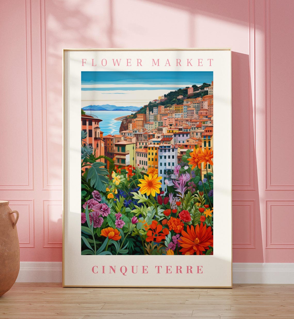 Cinque Terre Flower Market Poster with Coastal Village Blooms