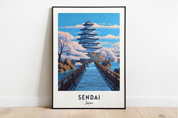 Sendai Japan Castle Bridge Cherry Blossom Spring Travel Poster