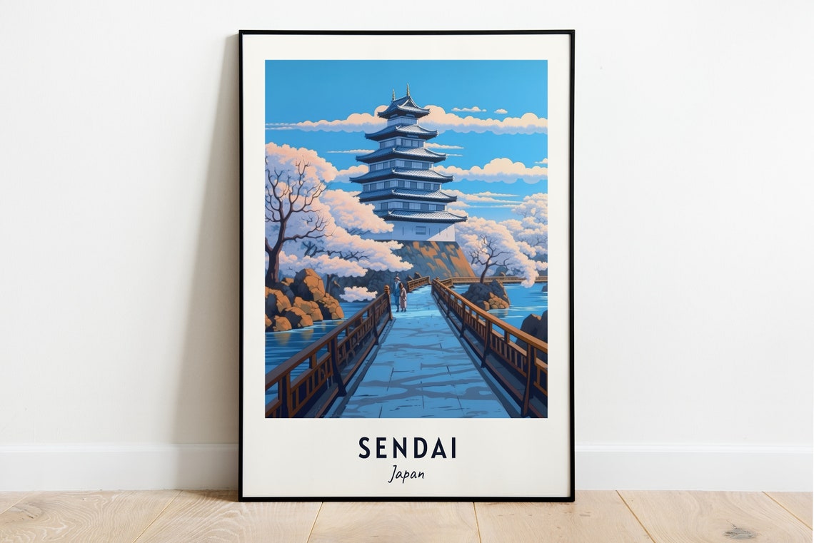 Sendai Japan Castle Bridge Cherry Blossom Spring Travel Poster