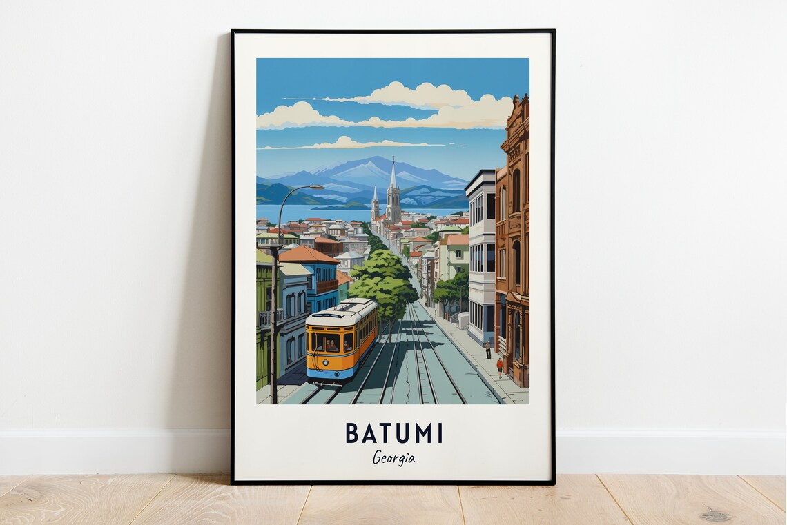 Vintage Yellow Tram on a Steep City Street Batumi Georgia Poster
