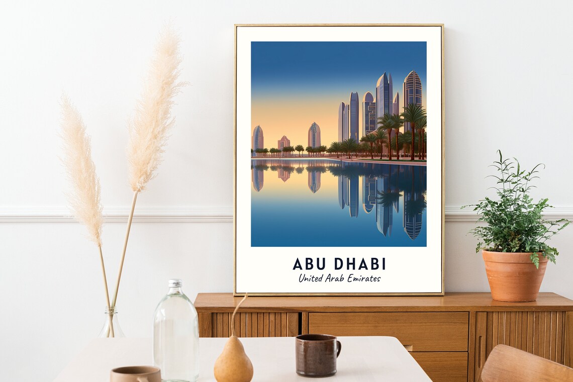 Abu Dhabi UAE Skyline Mirrored Water Sunset Emirates Travel Poster - Image 2