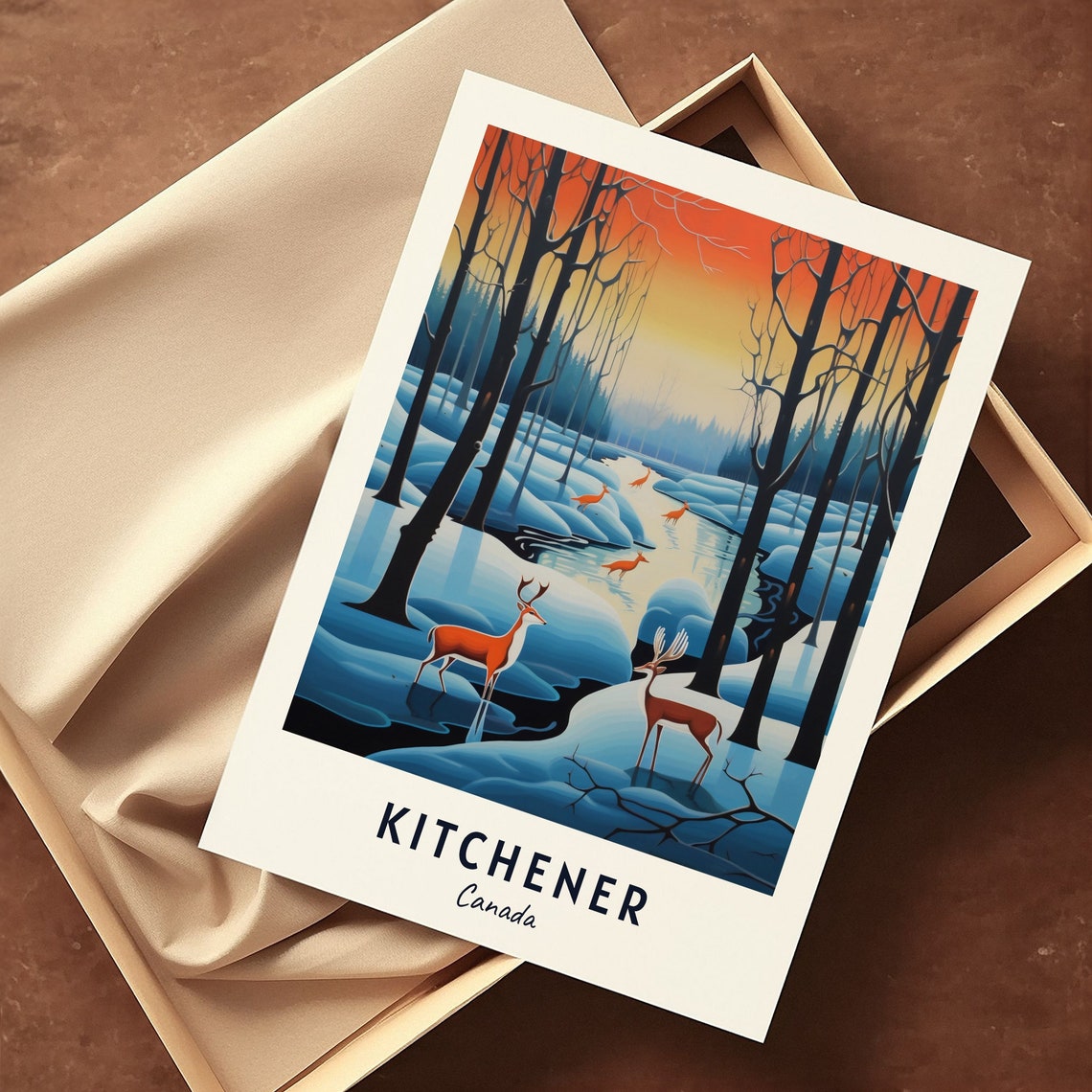 Kitchener Canada Winter Deer Forest Sunset Creek Travel Poster - Image 3