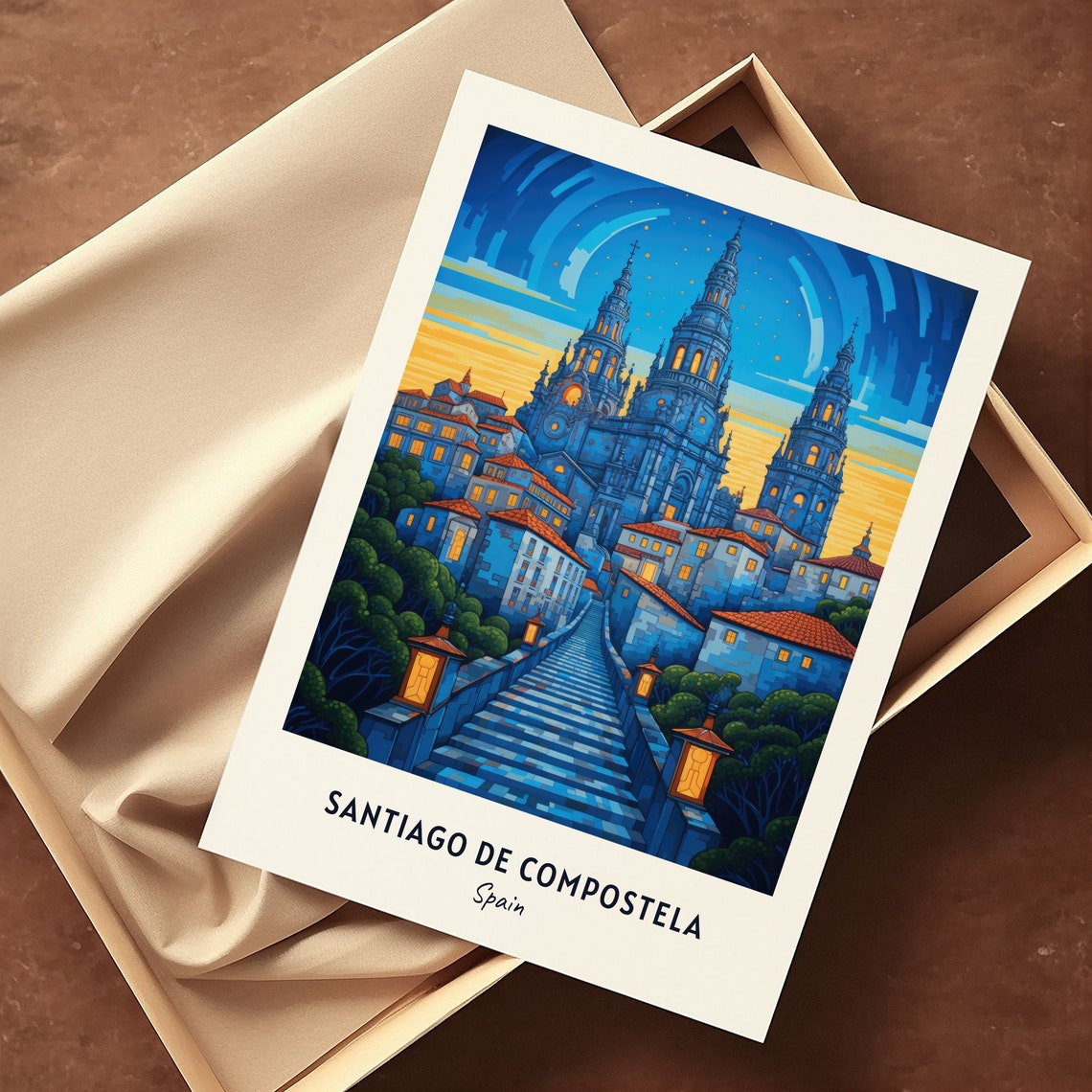 Santiago de Compostela Spain Night Cathedral Stairway Poster - Image 3
