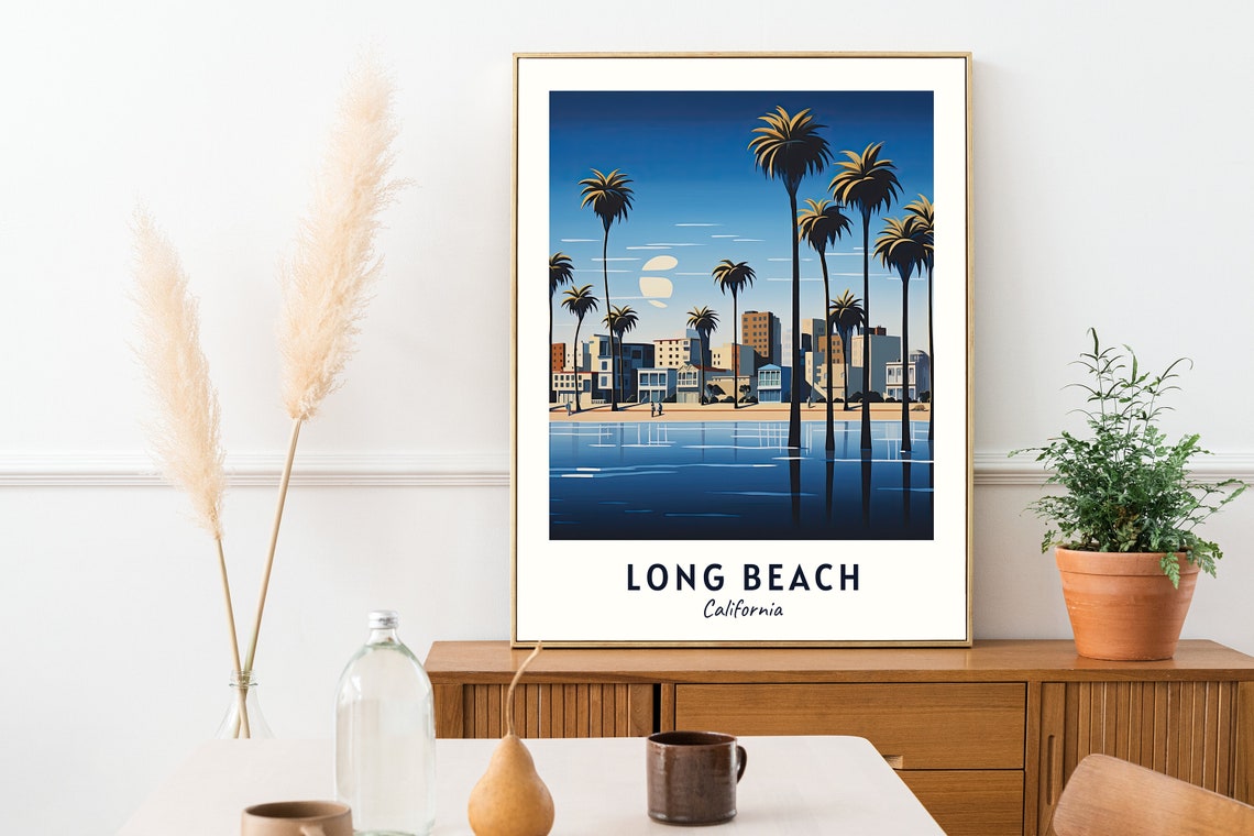 Long Beach California Palm Trees Shoreline Night Skyline Travel Poster - Image 2