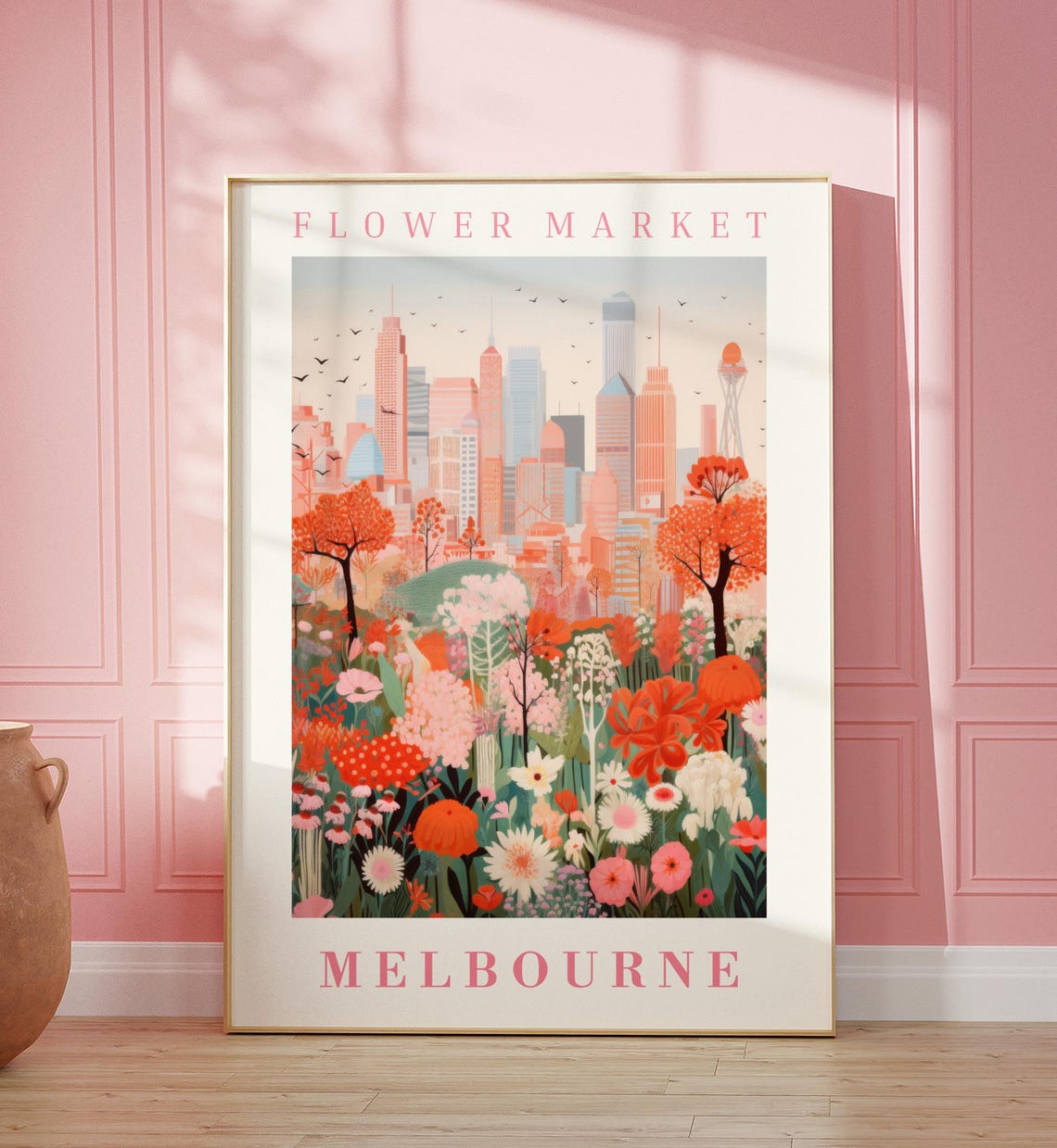 Melbourne Flower Market Skyline Birds in Flight Travel Poster
