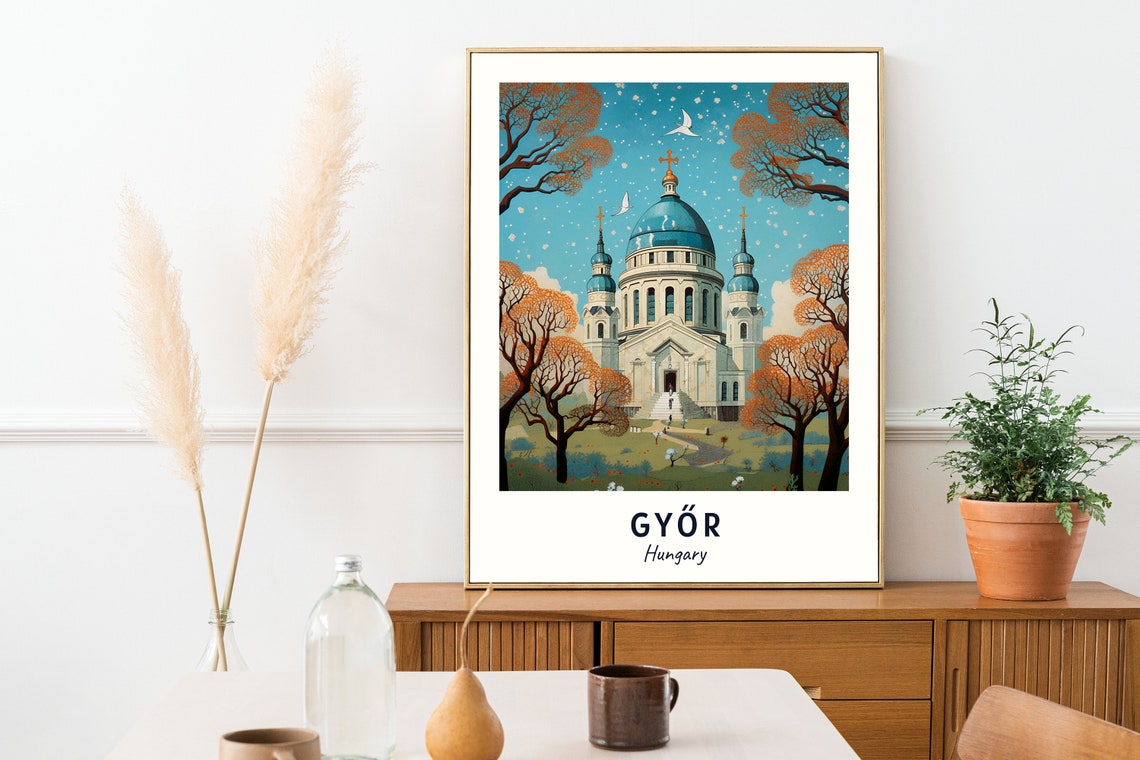 Győr Hungary Domed Cathedral Autumn Trees Retro Travel Poster - Image 2