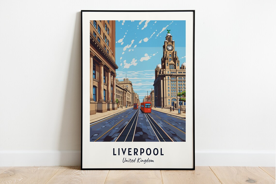 Liverpool UK Royal Liver Building Bus Avenue Travel Poster Home Decor