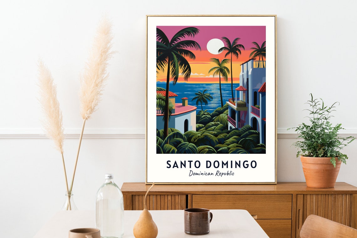 Santo Domingo Pink Sunset Palms Tropical Villa Travel Poster - Image 2