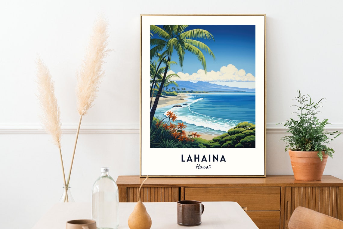 Lahaina Hawaii Tropical Beach Palm Waves Pacific Ocean Art Poster - Image 2