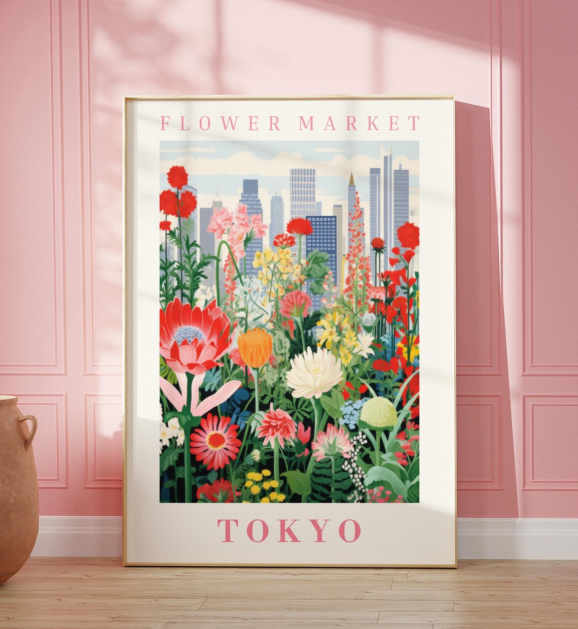 Tokyo Flower Market Poster with Pink Skyline Poppy Bloom Garden