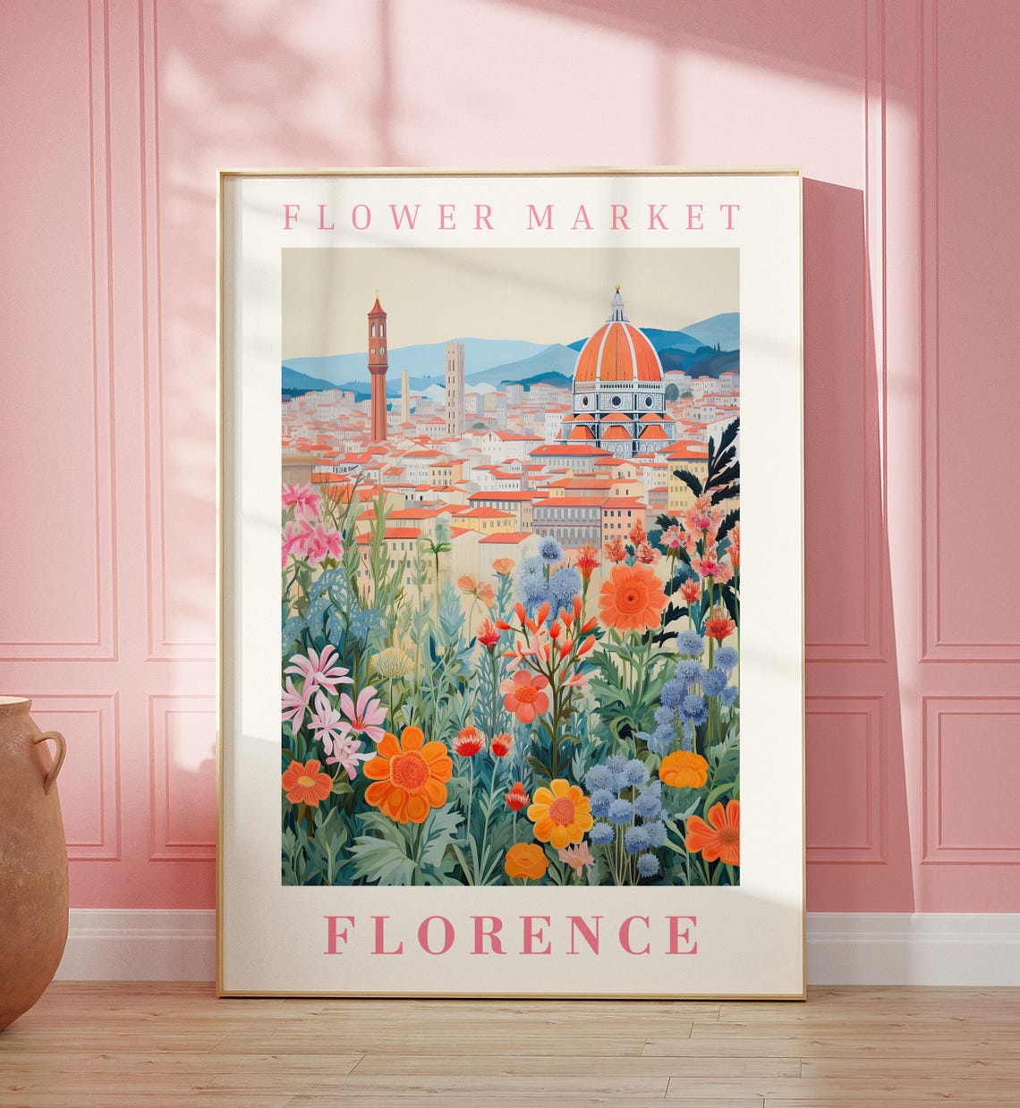 Florence Flower Market Duomo Cathedral View Botanical Travel Poster