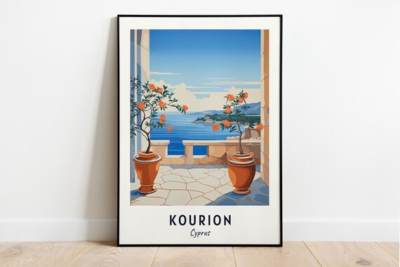 Kourion Cyprus Terrace Orange Trees Sea View Minimalist Travel Poster