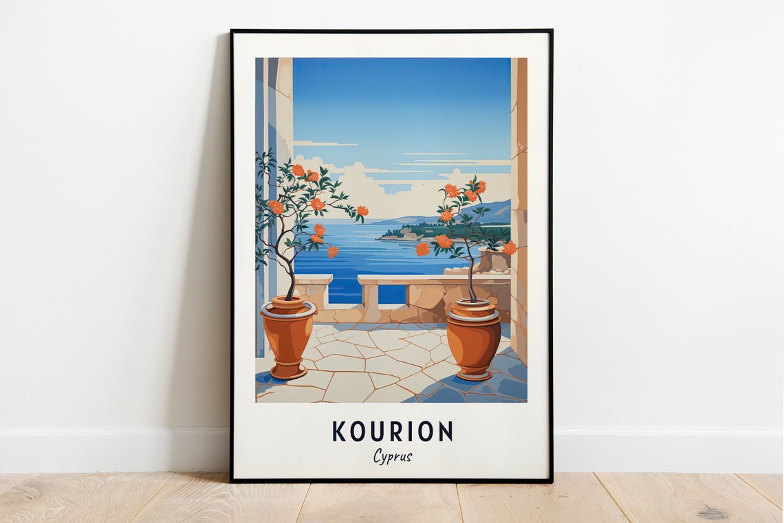 Kourion Cyprus Terrace Orange Trees Sea View Minimalist Travel Poster