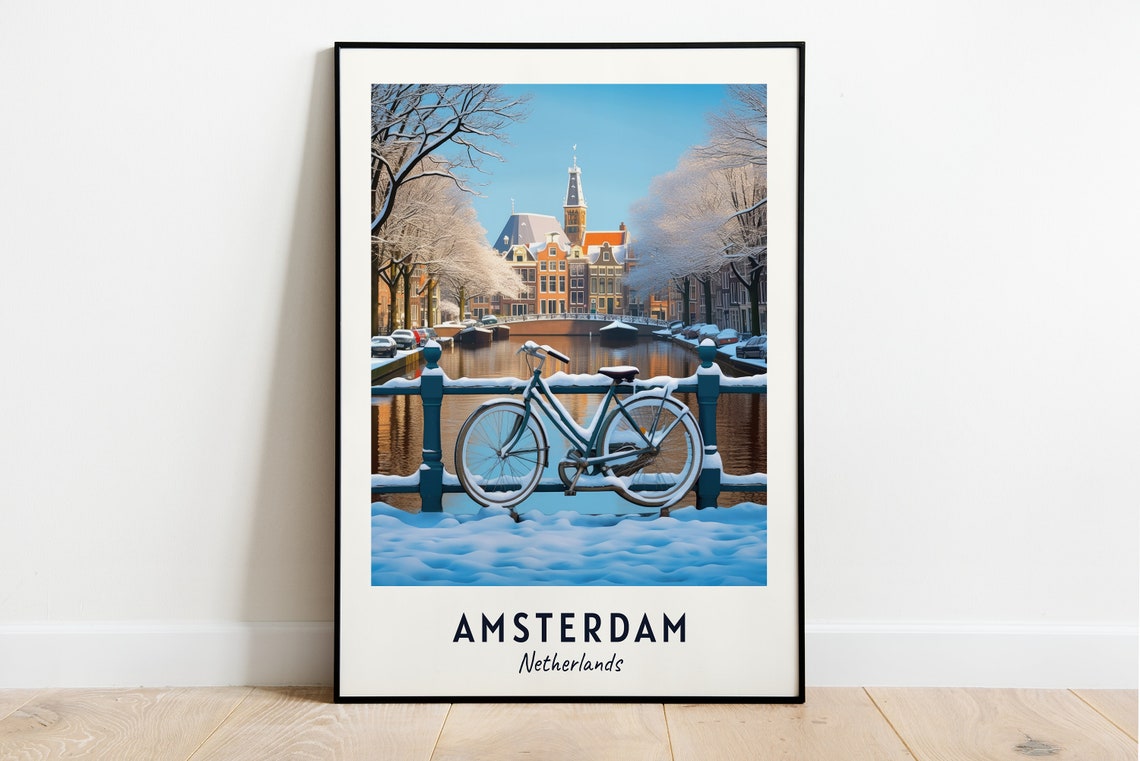 Amsterdam Netherlands Snowy Canal Bridge Vintage Bicycle Art Poster