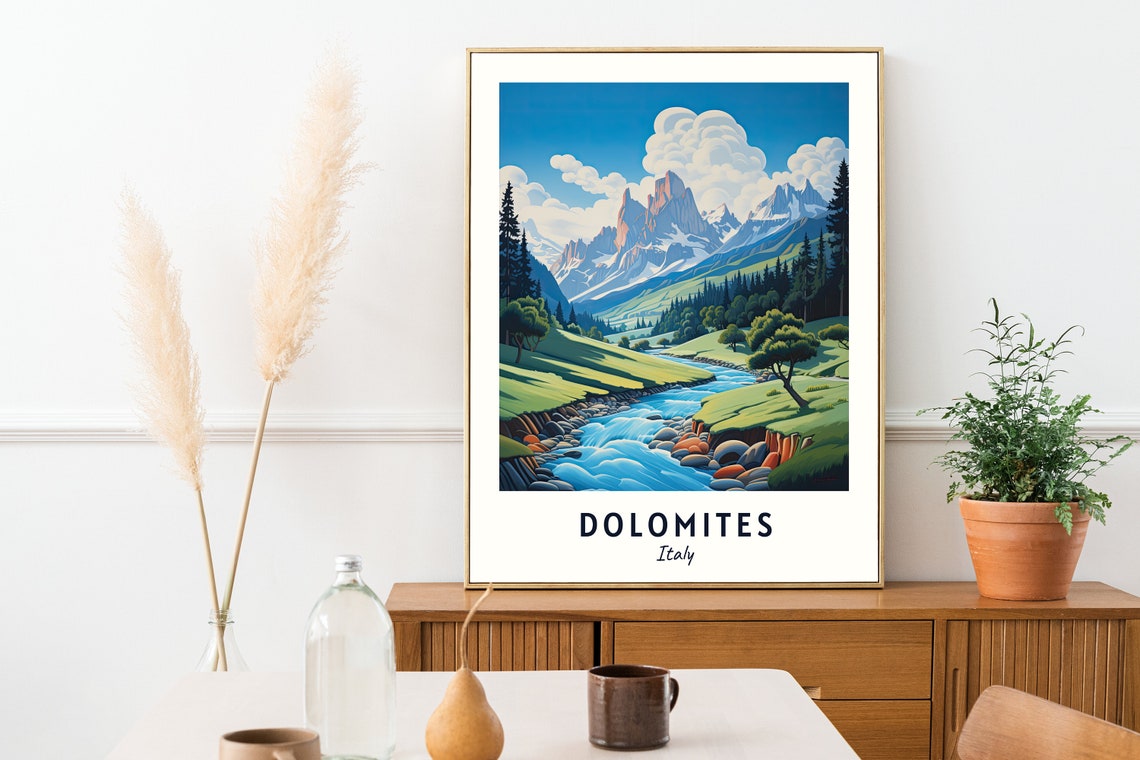 Dolomites Italy Jagged Alpine Peaks Mountain Stream Travel Poster - Image 2