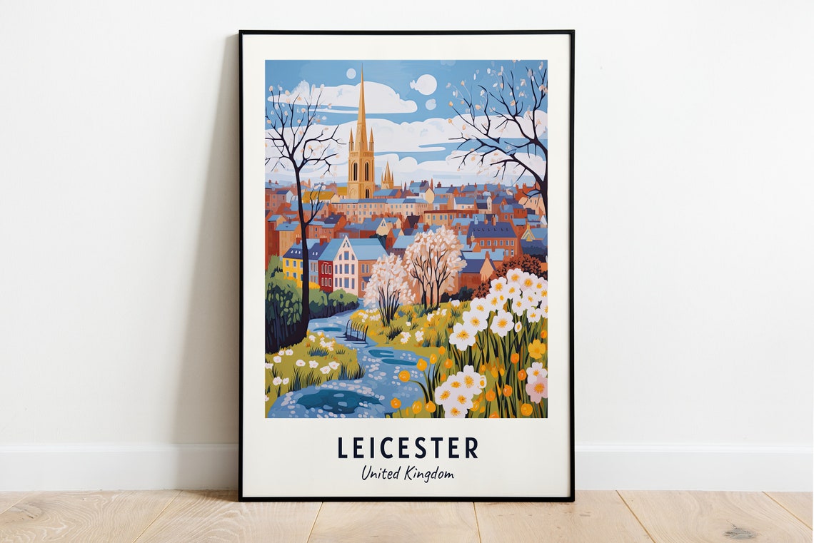 Leicester United Kingdom Church Spire Spring Flowers Travel Poster