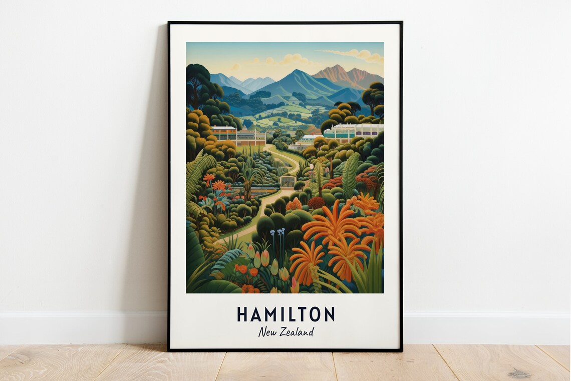Hamilton Gardens Lush Flowers Hills New Zealand Travel Poster
