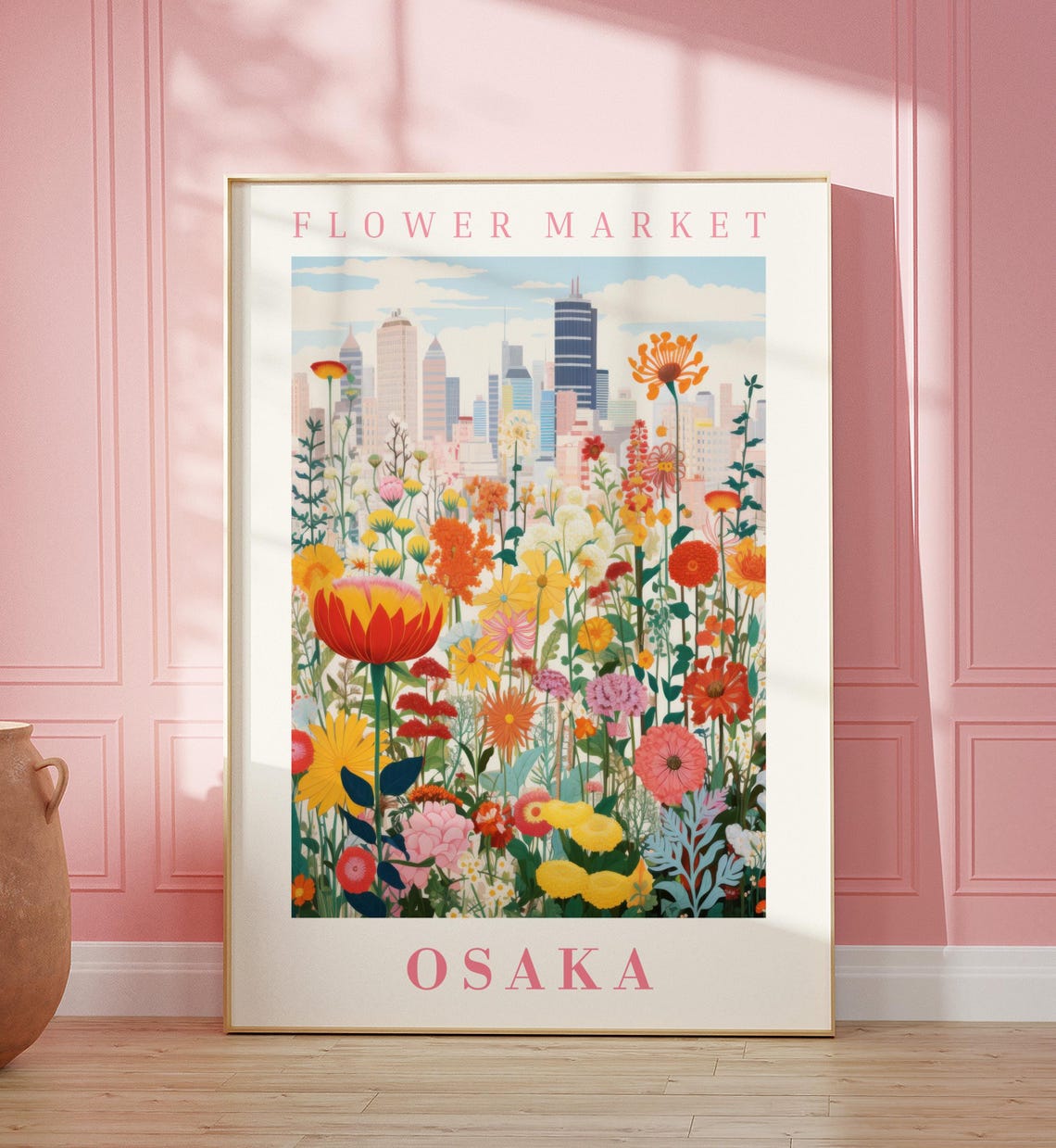 Osaka Japan Flower Market Golden Meadow Skyline Travel Poster
