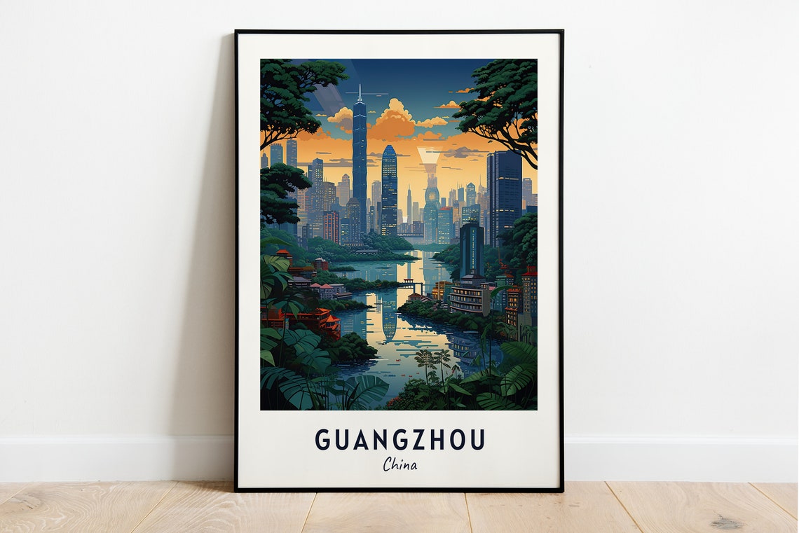 Guangzhou China Skyline Dusk River Tower Night Glow View Poster
