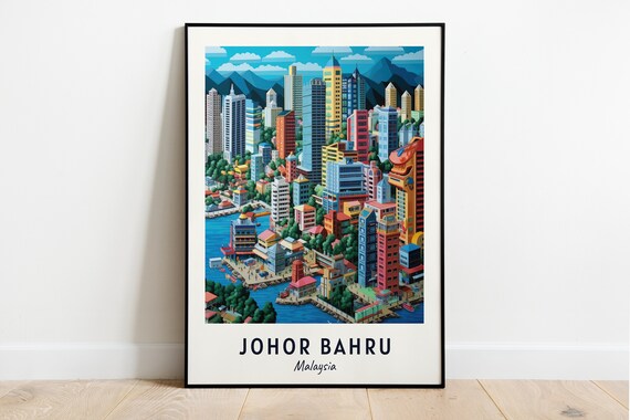 Johor Bahru Malaysia Colorful Cityscape Harbor Travel Poster