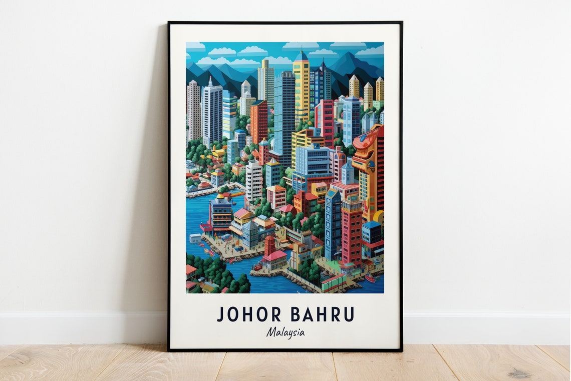 Johor Bahru Malaysia Colorful Cityscape Harbor Travel Poster
