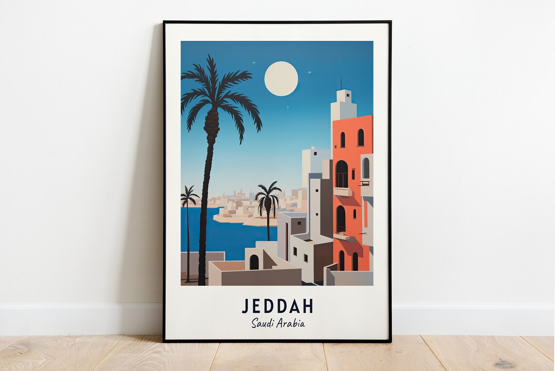 Jeddah Saudi Arabia Moonlit Old Town Palm Coastline Travel Poster