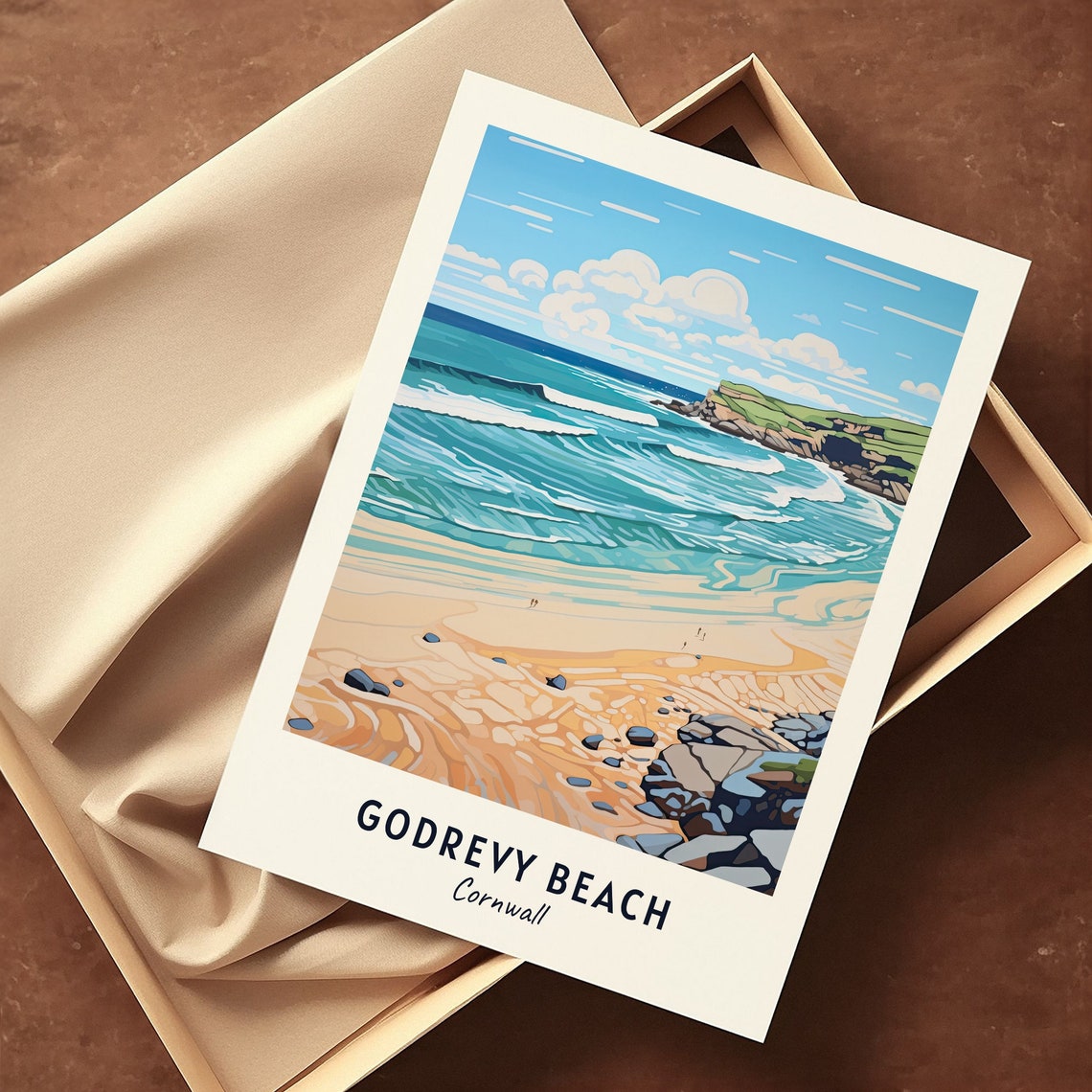 Godrevy Beach Cornwall Turquoise Surf Over Sand Travel Poster - Image 3