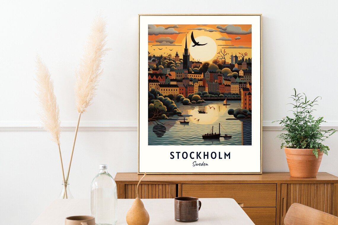 Stockholm Harbor Sunset Church Spire Sailing Boats Travel Poster - Image 2